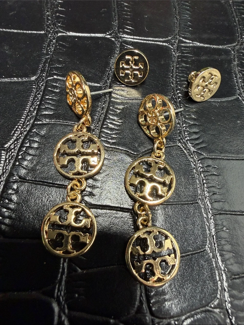 Tory Burch Gold-Tone Triple Logo Drop Earrings